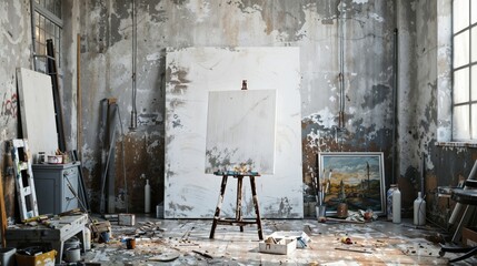 Abandoned artist's studio, with a blank canvas on an easel, surrounded by scattered art supplies, paint brushes, and framed artworks on the dilapidated walls. Layers of peeling paint and grunge