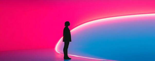 High-contrast silhouette of a person standing under a neon sign, artificial lighting, urban night vibe, dynamic colors