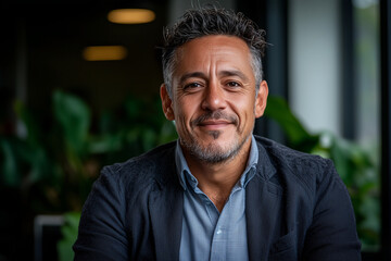 Obraz premium A confident businessperson smiles warmly in modern office setting, surrounded by greenery. His professional attire and relaxed demeanor convey sense of approachability and success