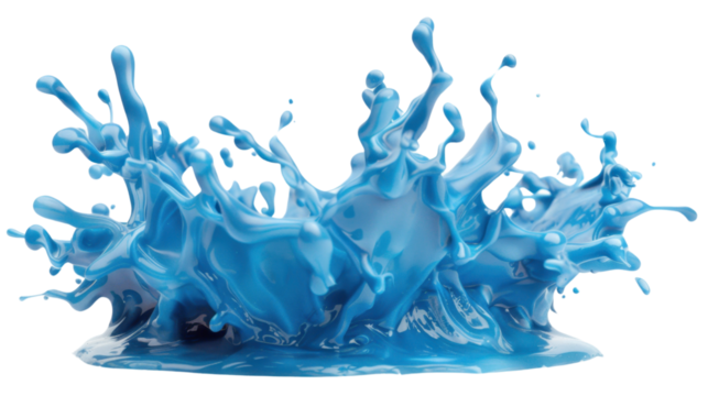 Dynamic splash of vibrant blue liquid on white transparent background
