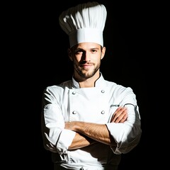 Naklejka premium Portrait of a chef under harsh artificial kitchen lighting, deep shadows, high contrast, culinary artistry