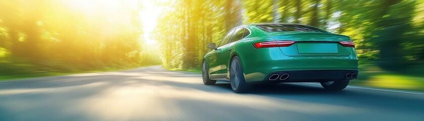 Obraz premium Green car journey through lush forest, scenic road trip adventure in nature embrace