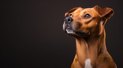 Portrait of a dog under a harsh spotlight, deep artificial contrast, dramatic mood, focused details
