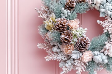 A large gray Christmas wreath, decorated with pink and white flowers and pine cones, hangs on an old, light pastel coral-colored door