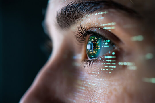 A close up of human eye reflecting digital data, showcasing blend of technology and human emotion. intricate details highlight connection between vision and information