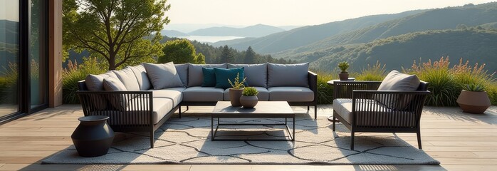 A large outdoor living room with a view of the mountains