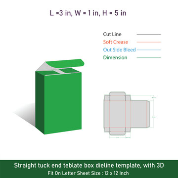 Straight tuck end teblate box dieline template, with 3D
