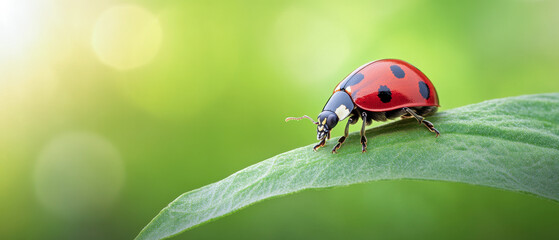 Obraz premium A vibrant ladybug perched on a green leaf, surrounded by a soft, out-of-focus natural background filled with light.