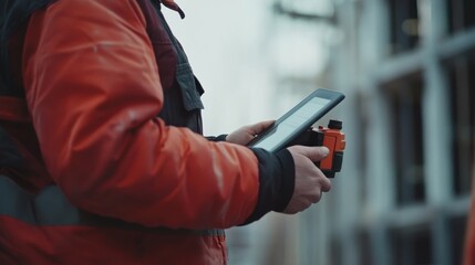 Close-up of a civil engineer holding a digital tablet, inspecting construction progress, and using a laser measure tool on a building site.