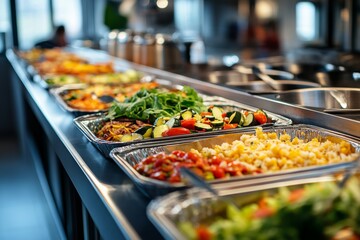 Modern school canteen featuring neatly arranged food on a metal tray with blank copy space