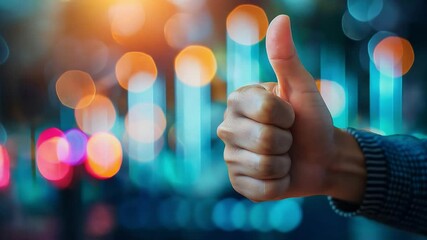 Close up of hand showing thumbs up sign against blurred marketing data analysis on background - Powered by Adobe