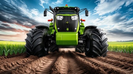 Obraz premium A bright green tractor plows through fertile farmland under a dramatic sky at sunset, showcasing agricultural innovation and hard work