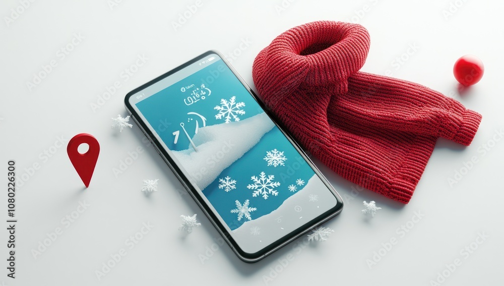 Aufkleber a smartphone displaying a winter-themed interface beside a red scarf and decorative elements.
