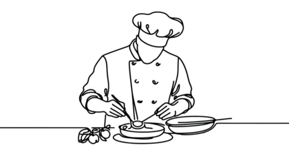 Simple one line drawing of a chef with a spoon  chef preparing food  . Transparent background png file