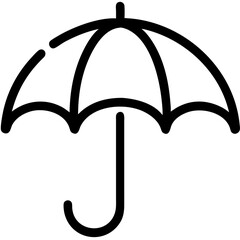 A simple black outline of an umbrella, ideal for use in designs, illustrations, or as a symbol for weather-related topics, showcasing its classic shape and functional features clearly