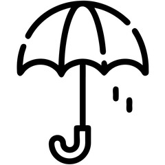 Simple black outline of an umbrella with raindrops, symbolizing rainy weather and protection, suitable for weather-related themes or designs