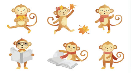 Naklejka premium Monkey cartoon character vector illustration. Cute monkey in various actions.