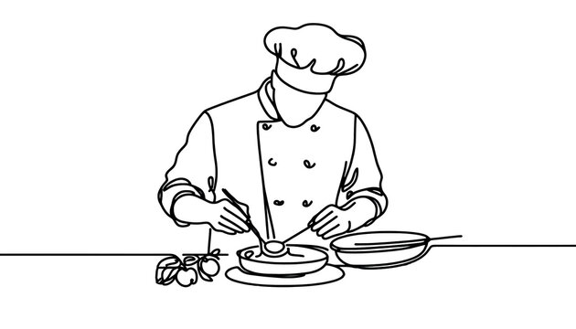 Simple one line drawing of a chef with a spoon  chef preparing food  . Transparent background png file