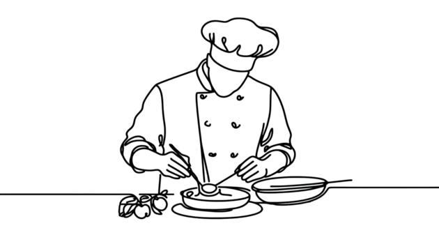 Simple one line drawing of a chef with a spoon  chef preparing food  . Transparent background png file