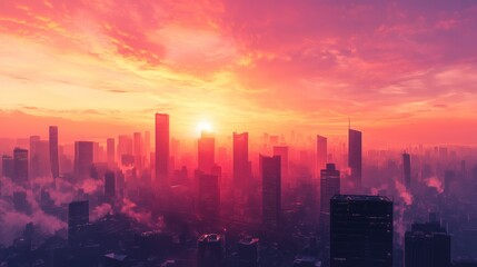 Stunning sunset over a bustling city skyline with silhouettes of skyscrapers and vibrant clouds reflecting warm hues.