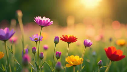 Fototapeta premium Stunning Colorful Flowers in a Meadow at Sunrise