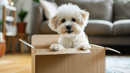 White poodle dog in cardboard box on floor in living room	

