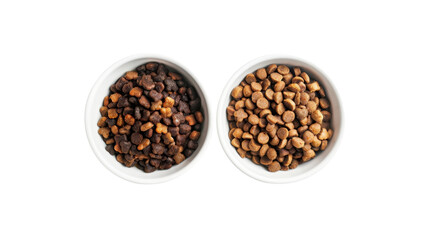 Dry dog and cat food in a white bowl on white transparent background
