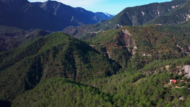 Nice drone view of the valley around the village of Tournefort