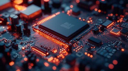 Circuit Board with Glowing Orange Lines