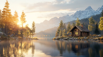 Fototapeta premium Tranquil Lakeside Retreat: Rustic Log Cabin in Sunlight 