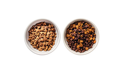 Dry dog and cat food in a white bowl on white transparent background
