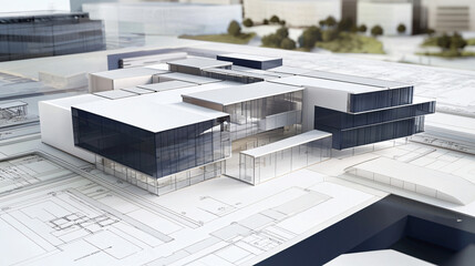 3D building model showcasing architectural design and layout on top of blueprints