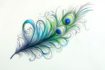 Obraz premium Hand drawn feather with markers in watercolor style. Realistic illustration isolated on white background. Clip art for designers, cards, invitations, textile, poster