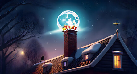 Sinterklaas evening and the presents are delivered through the chimney, we see the roof of an old Dutch house and the moon is shining through the trees, typical Dutch, AI Generated
