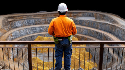 Gold mine concept, A worker in an orange shirt and helmet overlooks a large open-pit mine filled with gold, surrounded by rocky walls in a dramatic setting.