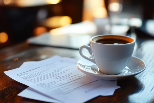 Business meeting setup with coffee, documents, and a professional atmosphere at the table.
