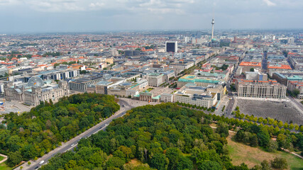 Vibrant aerial view of Berlin’s bustling urban heart with iconic landmarks and architectural diversity in a sunny backdrop