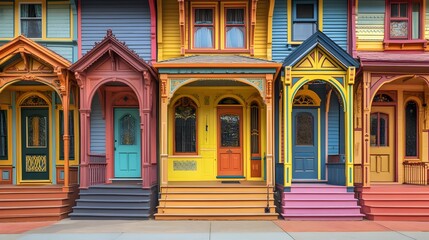Colorful Row of Victorian Townhouses on a Sunny Day