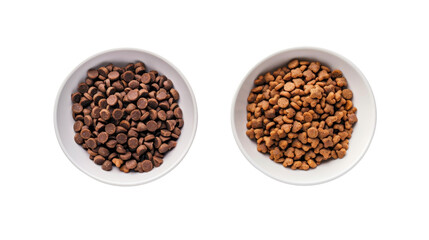 Obraz premium Dry dog and cat food in a white bowl on white transparent background 