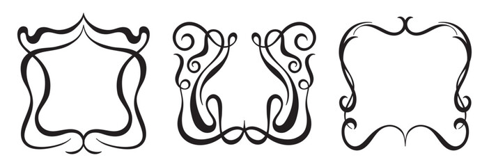 Vector graphic design template,  art nouveau floral style frame and logo, minimalistic ornate border, divider and frame decoration, for packaging, branding, invitations, tattoo silhouette illustration