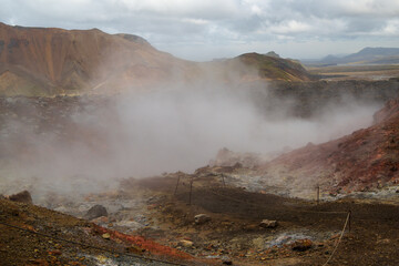 Geothermal steam vents in Icelandic landscape