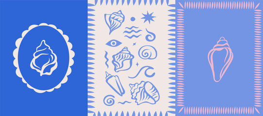 Vector logo and print design templates, summer prints, tropical hand drawn illustrations,  seashell ilustrations