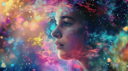 A mystical journey through vibrant colors in a beautiful fantasy abstract portrait of a dreamer