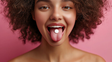 Smiling Woman with Pill on Tongue - Health and Wellness Theme