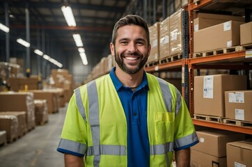 Smiling man in warehouse vest, standing in an aisle filled with inventory. Ideal for supply chain and warehouse-focused visuals.