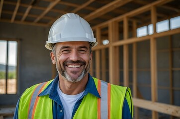 Happy construction professional in a white hard hat, working on a sunny construction site. Perfect for showcasing safety, labor, and a positive attitude on the job.