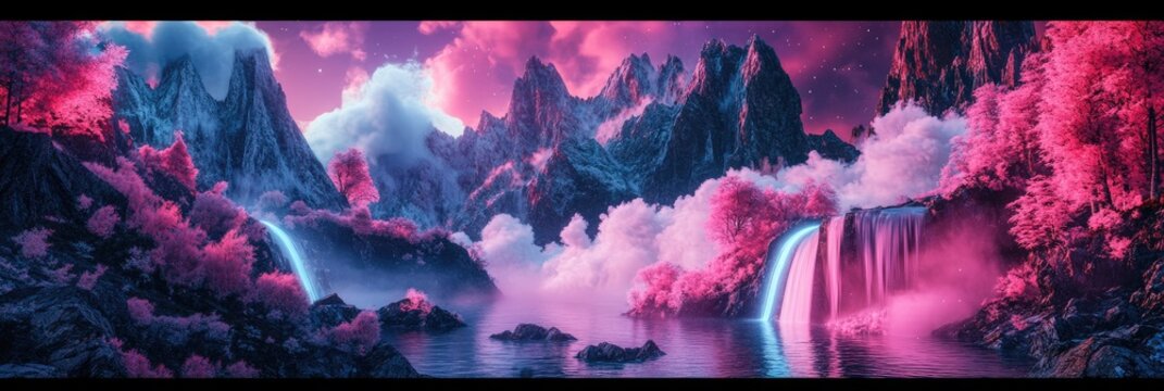 Mystical mountain landscape with bold pinks and blues, where clouds form fractal patterns, and waterfalls glow with neon light