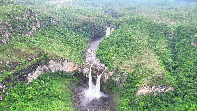 Aerial view of the Salto 120 and Salto 80 waterfalls, at Chapada dos Veadeiros, Goias, Brazil