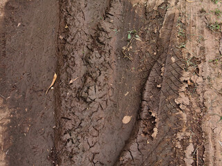 Tire tracks on the muddy road in a rural area.