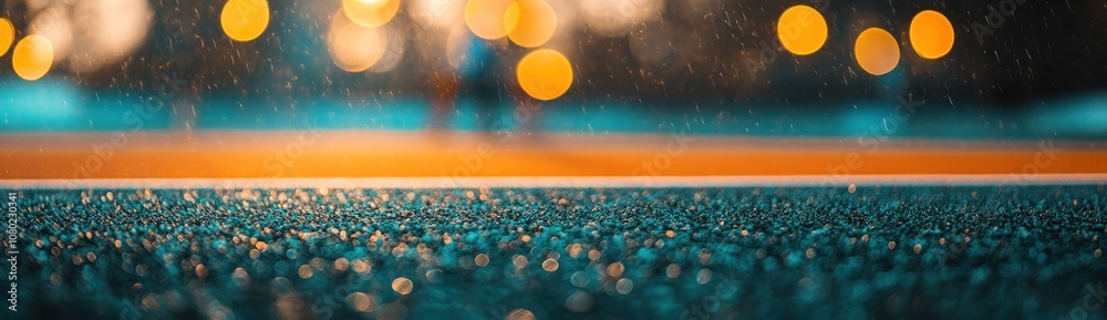 Aufkleber a blurred view of a wet surface with bokeh lights in the background, suggesting a rainy atmosphere.
